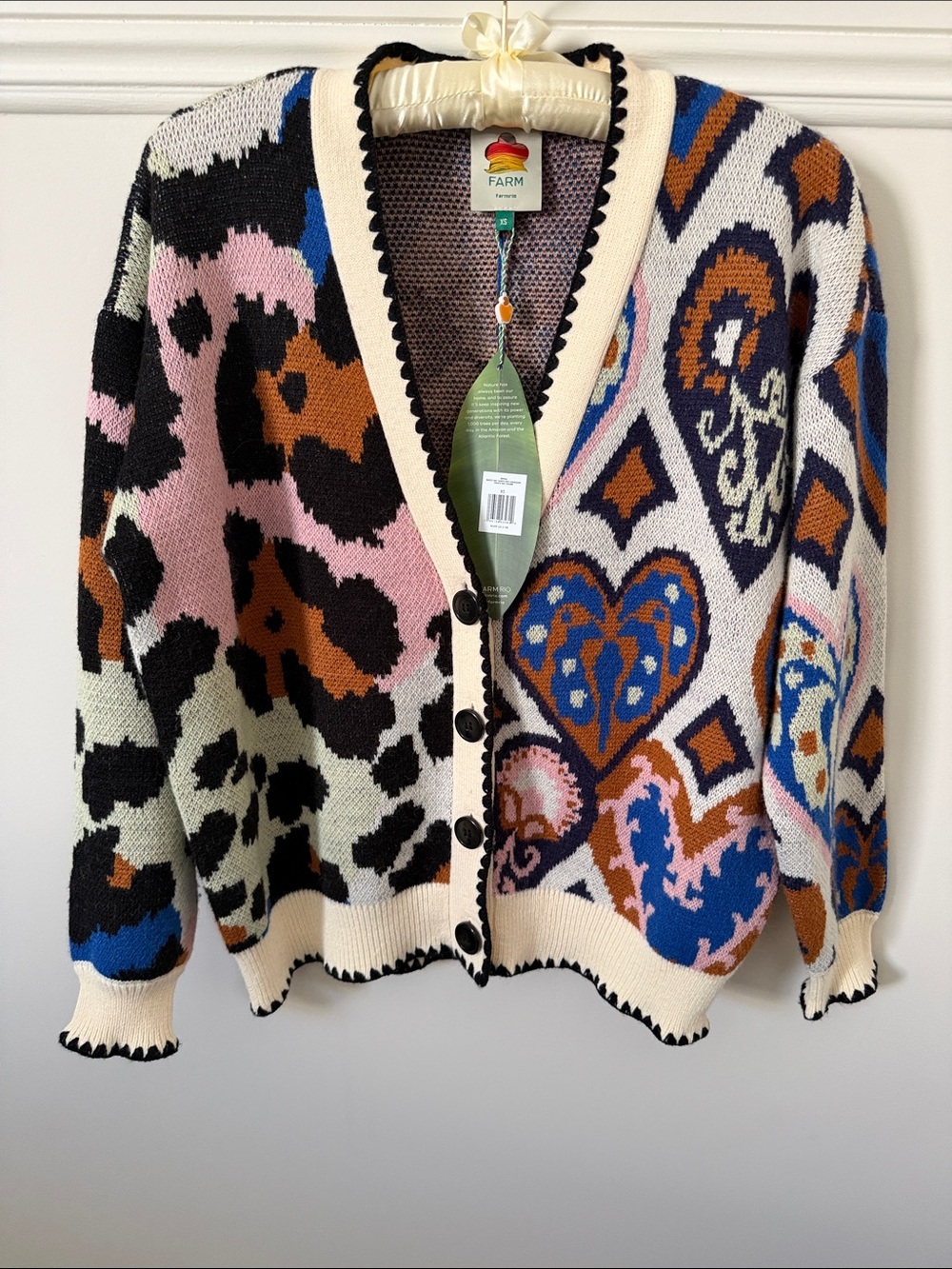 FARM Rio Multicolor Heart & Animal Motif V-Neck Cardigan with Cream Trim